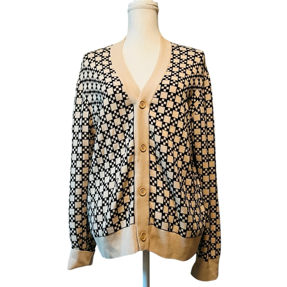 Sandro Men’s Square Cross Jacquard Elegant Black and Cream Cardigan EST Size